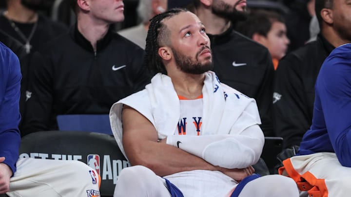 Feb 8, 2025; New York, New York, USA;  New York Knicks guard Jalen Brunson (11) sits on the bench in the final minutes of the game against the Boston Celtics at Madison Square Garden. Mandatory Credit: Wendell Cruz-Imagn Images