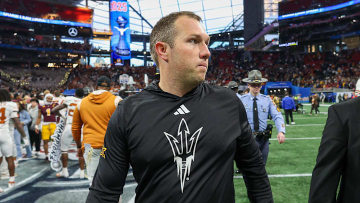 Jan 1, 2025; Atlanta, GA, USA; Arizona State Sun Devils head coach Kenny Dillingham walks off the field after a loss to the Texas Longhorns in the Peach Bowl at Mercedes-Benz Stadium. Mandatory Credit: Brett Davis-Imagn Images