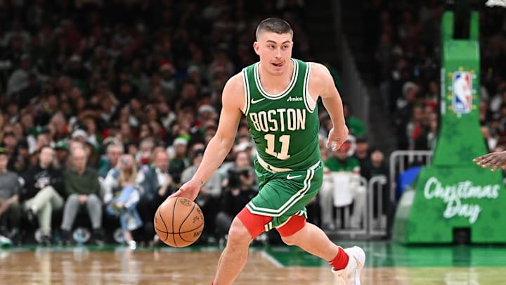 Dec 25, 2024; Boston, Massachusetts, USA; Boston Celtics guard Payton Pritchard (11) dribbles the ball against the Philadelphia 76ers during the second half at TD Garden. Mandatory Credit: Eric Canha-Imagn Images Dec 25, 2024; Boston, Massachusetts, USA; Boston Celtics guard Payton Pritchard (11) dribbles the ball against the Philadelphia 76ers during the second half at TD Garden. Mandatory Credit: Eric Canha-Imagn Images