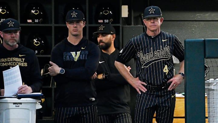 Vanderbilt coach Tim Corbin watches from the dugout during the fifth inning of a NCAA baseball game against Texas at Hawkins Field on Friday, April 24, 2026, in Nashville, Tenn.