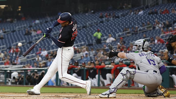 Jun 16, 2025; Washington, District of Columbia, USA; Washington Nationals outfielder James Wood (29) hits a double against the Colorado Rockies during the first inning at Nationals Park. Jun 16, 2025; Washington, District of Columbia, USA; Washington Nationals outfielder James Wood (29) hits a double against the Colorado Rockies during the first inning at Nationals Park.