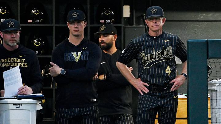 Vanderbilt coach Tim Corbin watches from the dugout during the fifth inning of a NCAA baseball game against Texas at Hawkins Field on Friday, April 24, 2026, in Nashville, Tenn.