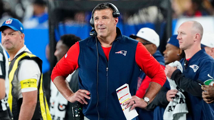 New England Patriots Head Coach, Mike Vrabel is shown on the sideline, Thursday, August 21, 2025, in East Rutherford.