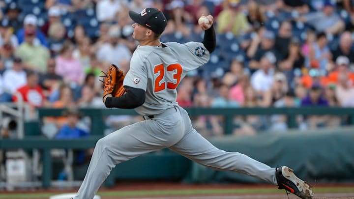 Oregon State Beavers starting pitcher Kevin Abel (23) pitches