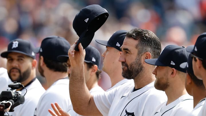 Apr 3, 2026; Detroit, Michigan, USA;  Detroit Tigers pitcher Justin Verlander (35) during player introductions before the game against the St. Louis Cardinals at Comerica Park. Mandatory Credit: Rick Osentoski-Imagn Images