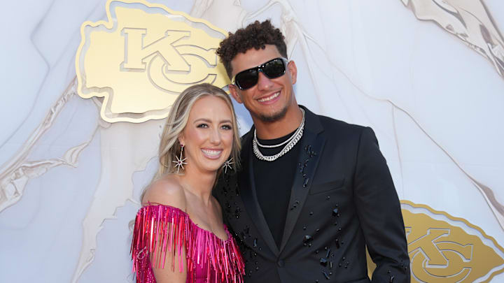 Jun 13, 2024; Kansas City, MO, USA; Kansas City Chiefs quarterback Patrick Mahomes and wife Brittany pose for a photo on the red carpet at the Nelson Art Gallery. Mandatory Credit: Denny Medley-Imagn Images