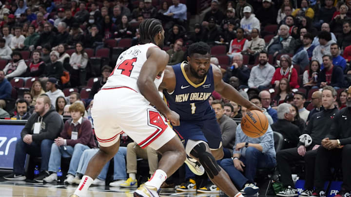 Jan 14, 2025; Chicago, Illinois, USA; Chicago Bulls forward Patrick Williams (44) defends New Orleans Pelicans forward Zion Williamson (1) during the first quarter at United Center. Mandatory Credit: David Banks-Imagn Images Jan 14, 2025; Chicago, Illinois, USA; Chicago Bulls forward Patrick Williams (44) defends New Orleans Pelicans forward Zion Williamson (1) during the first quarter at United Center. Mandatory Credit: David Banks-Imagn Images