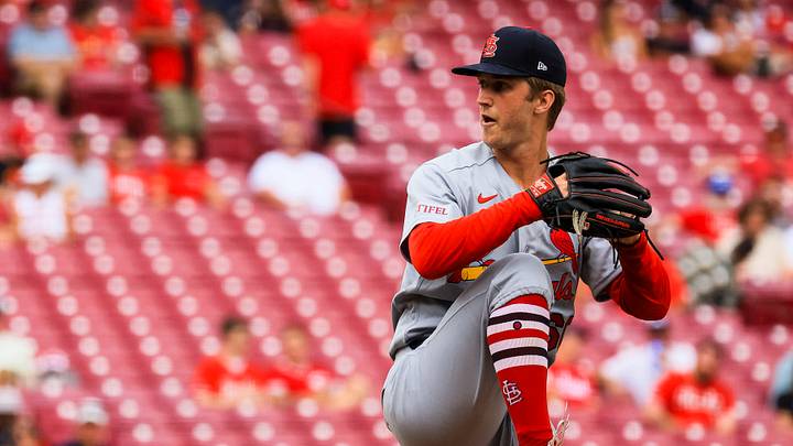 Aug 17, 2026; Cincinnati, Ohio, USA; St. Louis Cardinals starting pitcher Quinn Matthews (60) pitches against the Cincinnati Reds in the second inning at Great American Ball Park. Mandatory Credit: Katie Stratman-Imagn Images