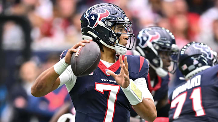Oct 15, 2023; Houston, Texas, USA; Houston Texans quarterback C.J. Stroud (7) passes the ball during