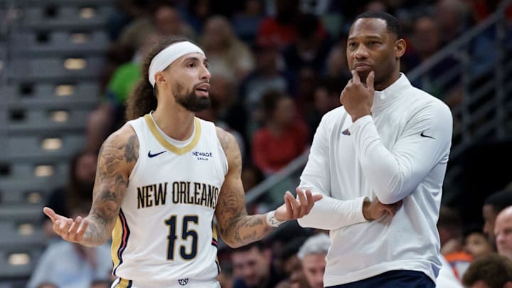 Oct 27, 2025; New Orleans, Louisiana, USA; New Orleans Pelicans guard Jose Alvarado (15) talks with head coach Willie Green during the second half against the Boston Celtics at Smoothie King Center. Mandatory Credit: Matthew Hinton-Imagn Images Oct 27, 2025; New Orleans, Louisiana, USA; New Orleans Pelicans guard Jose Alvarado (15) talks with head coach Willie Green during the second half against the Boston Celtics at Smoothie King Center. Mandatory Credit: Matthew Hinton-Imagn Images