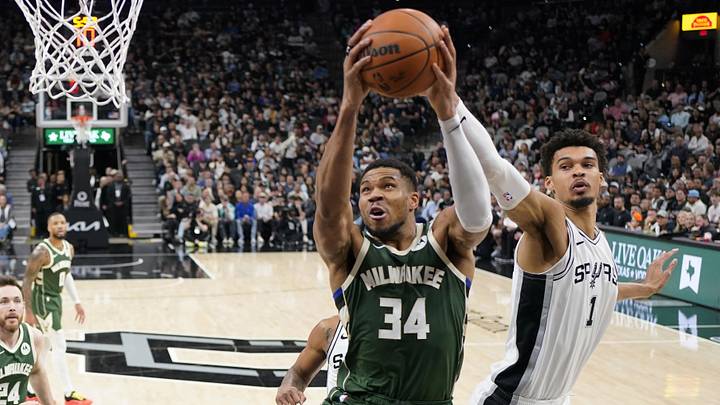 Milwaukee Bucks forward Giannis Antetokounmpo drives to the hoop while defended by San Antonio Spurs center Victor Wembanyama Milwaukee Bucks forward Giannis Antetokounmpo drives to the hoop while defended by San Antonio Spurs center Victor Wembanyama