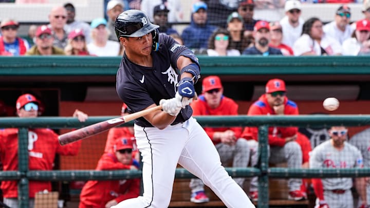 Detroit Tigers infielder Hao-Yu Lee bats against Philadelphia Phillies during the fifth inning of a Grapefruit League game at Joker Marchant Stadium in Lakeland, Fla. on Saturday, Feb. 22, 2025.