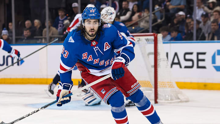 Apr 5, 2026; New York, New York, USA; New York Rangers center Mika Zibanejad (93) skates against the Washington Capitals during the second period at Madison Square Garden. Mandatory Credit: Danny Wild-Imagn Images