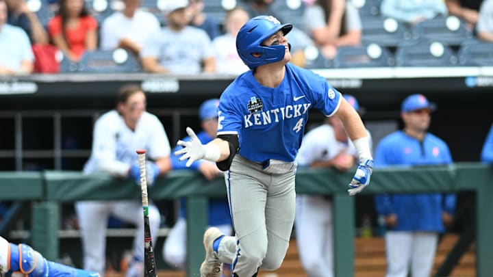 Jun 19, 2024; Omaha, NE, USA;  Kentucky Wildcats second baseman …milien Pitre (4) watches a home run against the Florida Gators during the fifth inning at Charles Schwab Field Omaha. Mandatory Credit: Steven Branscombe-Imagn Images