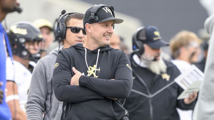 Oct 11, 2025; Corvallis, Oregon, USA; Wake Forest Demon Deacons head coach Jake Dickert smiles on the sideline during the second half against the Oregon State Beavers at Reser Stadium. Mandatory Credit: Craig Strobeck-Imagn Images