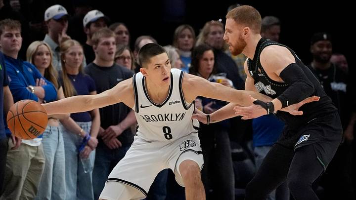 Dec 27, 2025; Minneapolis, Minnesota, USA; Brooklyn Nets guard Egor Demin (8) works around Minnesota Timberwolves guard Donte DiVincenzo (0) in the first quarter at Target Center. Mandatory Credit: Bruce Kluckhohn-Imagn Images Dec 27, 2025; Minneapolis, Minnesota, USA; Brooklyn Nets guard Egor Demin (8) works around Minnesota Timberwolves guard Donte DiVincenzo (0) in the first quarter at Target Center. Mandatory Credit: Bruce Kluckhohn-Imagn Images