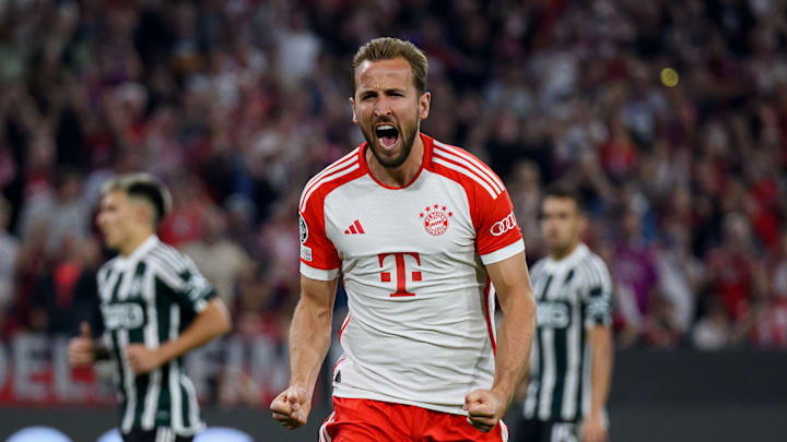 Harry Kane celebrating after scoring for Bayern Munich.
