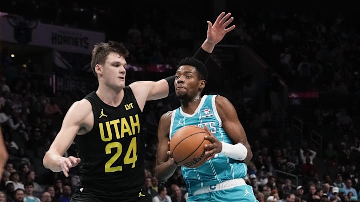 Jan 27, 2024; Charlotte, North Carolina, USA; Charlotte Hornets forward Brandon Miller (24) drives