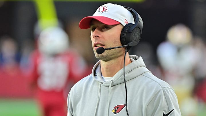 Jan 5, 2025; Glendale, Arizona, USA;  Arizona Cardinals head coach Jonathan Gannon looks on in the second half against the San Francisco 49ers at State Farm Stadium. Mandatory Credit: Matt Kartozian-Imagn Images