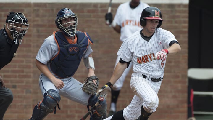 Maryland Terps first baseman Lamonte Wade (6) singles in the first inning against the Virginia Cavaliers at Davenport Field. Maryland Terps first baseman Lamonte Wade (6) singles in the first inning against the Virginia Cavaliers at Davenport Field.