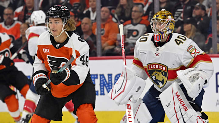 Oct 13, 2025; Philadelphia, Pennsylvania, USA; Philadelphia Flyers center Trevor Zegras (46) in front of Florida Panthers goaltender Daniil Tarasov (40) at Wells Fargo Center. Mandatory Credit: Eric Hartline-Imagn Images