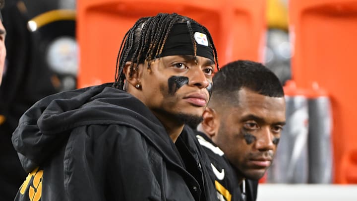 Oct 20, 2024; Pittsburgh, Pennsylvania, USA; Pittsburgh Steelers quarterbacks Justin Fields (2) and Russell Wilson (3) watch the action against the New York Jets during the fourth quarter at Acrisure Stadium. Mandatory Credit: Barry Reeger-Imagn Images