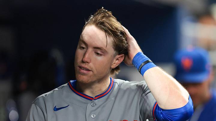 May 22, 2026; Miami, Florida, USA; New York Mets third baseman Brett Baty (7) reacts from inside the dugout against the Miami Marlins during the fifth inning at loanDepot Park. Mandatory Credit: Sam Navarro-Imagn Images May 22, 2026; Miami, Florida, USA; New York Mets third baseman Brett Baty (7) reacts from inside the dugout against the Miami Marlins during the fifth inning at loanDepot Park. Mandatory Credit: Sam Navarro-Imagn Images
