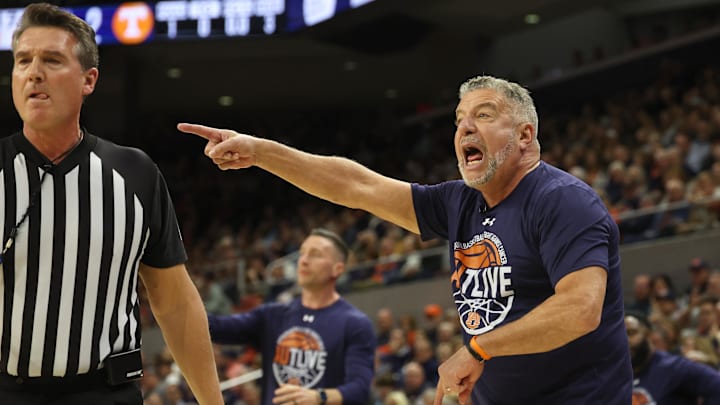 Jan 25, 2025; Auburn, Alabama, USA;  Auburn Tigers head coach Bruce Pearl directs his team against the Tennessee Volunteers during the first half at Neville Arena. Mandatory Credit: John Reed-Imagn Images