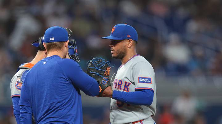 May 23, 2026; Miami, Florida, USA; New York Mets pitching coach Justin Willard (62) speaks to starting pitcher Freddy Peralta (51) during a mound visit against the Miami Marlins in the fourth inning at loanDepot Park. Mandatory Credit: Sam Navarro-Imagn Images May 23, 2026; Miami, Florida, USA; New York Mets pitching coach Justin Willard (62) speaks to starting pitcher Freddy Peralta (51) during a mound visit against the Miami Marlins in the fourth inning at loanDepot Park. Mandatory Credit: Sam Navarro-Imagn Images