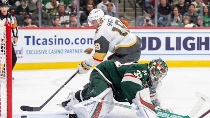 Apr 24, 2025; Saint Paul, Minnesota, USA; Vegas Golden Knights right wing Reilly Smith (19) scores on Minnesota Wild goaltender Filip Gustavsson (32) in the third period in game three of the first round of the 2025 Stanley Cup Playoffs at Xcel Energy Center. Mandatory Credit: Matt Blewett-Imagn Images
