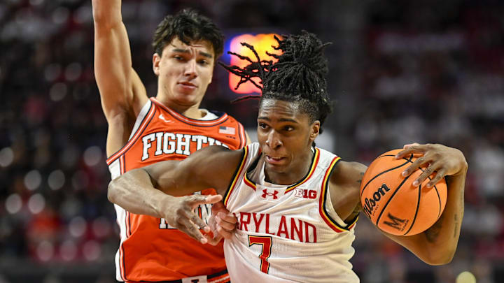 Mar 8, 2026; College Park, Maryland, USA; Maryland Terrapins guard Andre Mills (7) dribbles by Illinois Fighting Illini guard Andrej Stojakovic (2) during the second half at Xfinity Center. Mandatory Credit: Tommy Gilligan-Imagn Images Mar 8, 2026; College Park, Maryland, USA; Maryland Terrapins guard Andre Mills (7) dribbles by Illinois Fighting Illini guard Andrej Stojakovic (2) during the second half at Xfinity Center. Mandatory Credit: Tommy Gilligan-Imagn Images