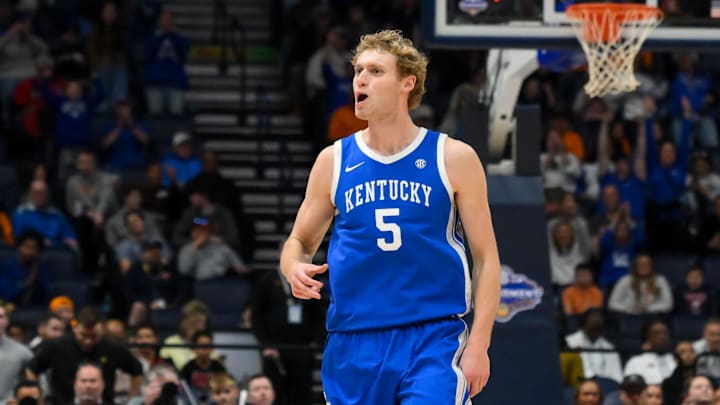 Mar 12, 2026; Nashville, TN, USA;  Kentucky Wildcats guard Collin Chandler (5) reacts after a made three point basket against the Missouri Tigers during the second half at Bridgestone Arena. Mandatory Credit: Steve Roberts-Imagn Images