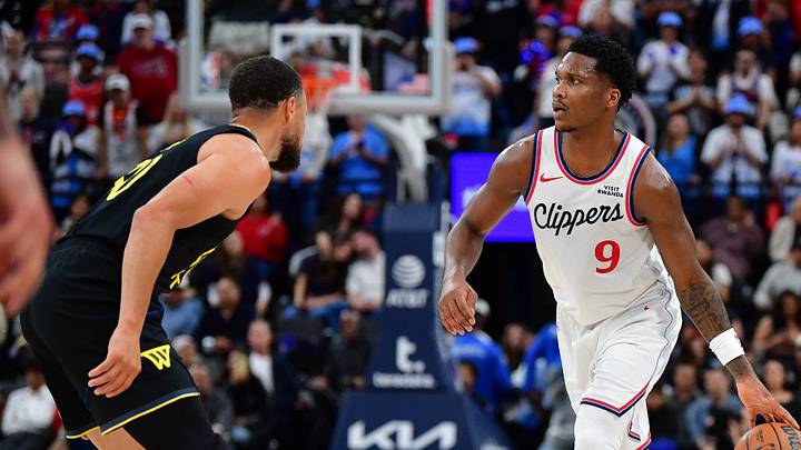Apr 12, 2026; Inglewood, California, USA; Los Angeles Clippers guard Bennedict Mathurin (9) moves the ball up court against Golden State Warriors guard Stephen Curry (30) during the second half at Intuit Dome. Mandatory Credit: Gary A. Vasquez-Imagn Images Apr 12, 2026; Inglewood, California, USA; Los Angeles Clippers guard Bennedict Mathurin (9) moves the ball up court against Golden State Warriors guard Stephen Curry (30) during the second half at Intuit Dome. Mandatory Credit: Gary A. Vasquez-Imagn Images