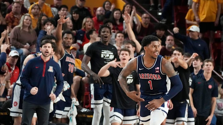 Arizona Wildcats guard Caleb Love (1) reacts after sinking a 3-point shot during a Big 12 men's basketball game against the Arizona State Sun Devils at Desert Financial Arena on Feb. 1, 2025, in Tempe.