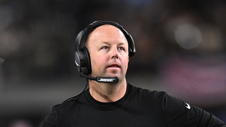 Jan 9, 2022; Paradise, Nevada, USA; Las Vegas Raiders assistant wide receivers coach Nick Holz looks Jan 9, 2022; Paradise, Nevada, USA; Las Vegas Raiders assistant wide receivers coach Nick Holz looks