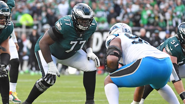 Dec 8, 2024; Philadelphia, Pennsylvania, USA; Philadelphia Eagles offensive tackle Mekhi Becton (77) against the Carolina Panthers at Lincoln Financial Field. Mandatory Credit: Eric Hartline-Imagn Images
