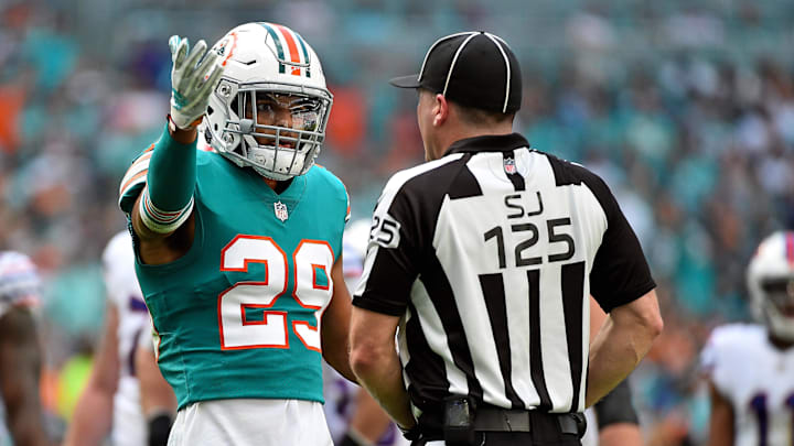 Miami Dolphins free safety Minkah Fitzpatrick (29) reacts after a call made on the field by the side judge Laird Hayes (125) during the first half against the Buffalo Bills at Hard Rock Stadium in 2018.