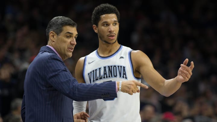 Mar 5, 2016; Villanova, PA, USA; Villanova Wildcats head coach Jay Wright talks with guard Josh Hart (3) during a timeout against the Georgetown Hoyas at Wells Fargo Center. The Villanova Wildcats won 84-71. Mandatory Credit: Bill Streicher-USA TODAY Sports