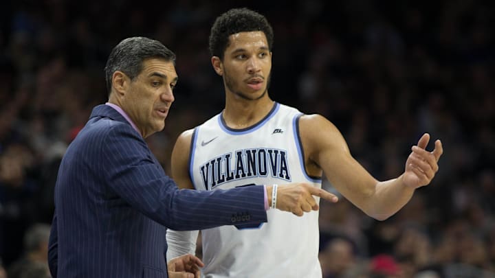 Mar 5, 2016; Villanova, PA, USA; Villanova Wildcats head coach Jay Wright talks with guard Josh Hart (3) during a timeout against the Georgetown Hoyas at Wells Fargo Center. The Villanova Wildcats won 84-71. Mandatory Credit: Bill Streicher-Imagn Images