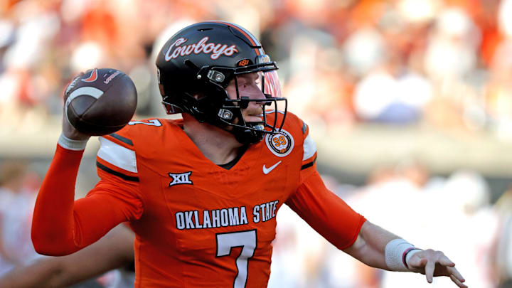 Oklahoma State's Alan Bowman (7) looks to throw a pass in the second half of the college football between the Oklahoma State University Cowboys and the Utah Utes at Boone Pickens Stadium in Stillwater, Okla., Saturday, Sept., 21, 2024.