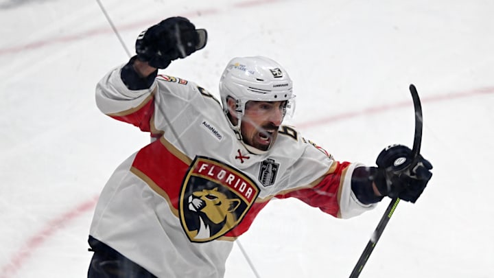 Jun 6, 2025; Edmonton, Alberta, CAN; Florida Panthers center Brad Marchand (63) reacts after scoring a goal on Edmonton Oilers goaltender Stuart Skinner (74) during the second period in game two of the 2025 Stanley Cup Final at Rogers Place. 