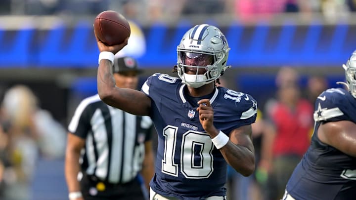 Dallas Cowboys quarterback Joe Milton III throws a pass during the first half against the Los Angeles Rams at SoFi Stadium. 