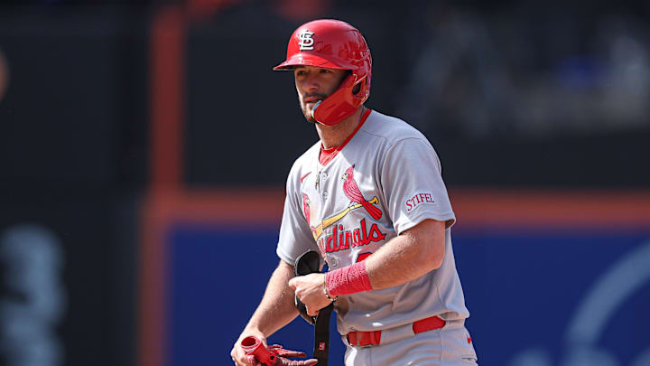 Apr 20, 2025; New York City, New York, USA; St. Louis Cardinals second baseman Thomas Saggese (25) reacts after hitting a two run double during the seventh inning against the New York Mets at Citi Field. Mandatory Credit: Vincent Carchietta-Imagn Images