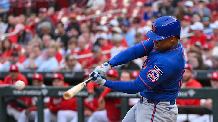Mar 31, 2026; St. Louis, Missouri, USA; New York Mets left fielder Juan Soto (22) hits a single against the St. Louis Cardinals during the first inning at Busch Stadium. Mandatory Credit: Jeff Curry-Imagn Images