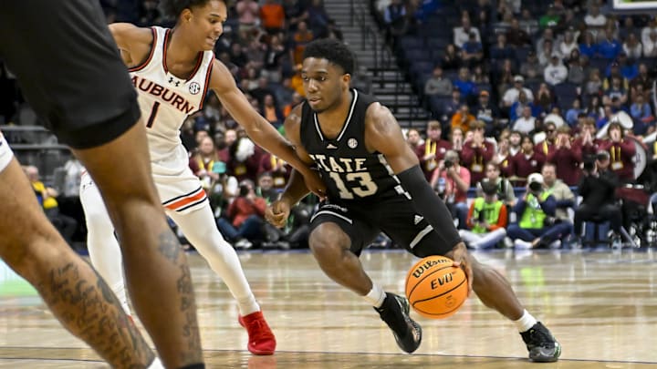 Mar 16, 2024; Nashville, TN, USA;  Mississippi State Bulldogs guard Josh Hubbard (13) drives past