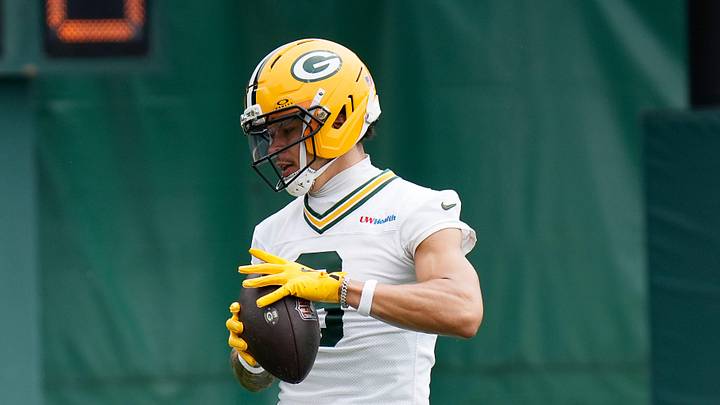 Green Bay Packers wide receiver Christian Watson (9) runs drills during the first day of a three-day minicamp at the Don Hutson Center in Ashwaubenon, Wisconsin on Tuesday, June 9, 2026.