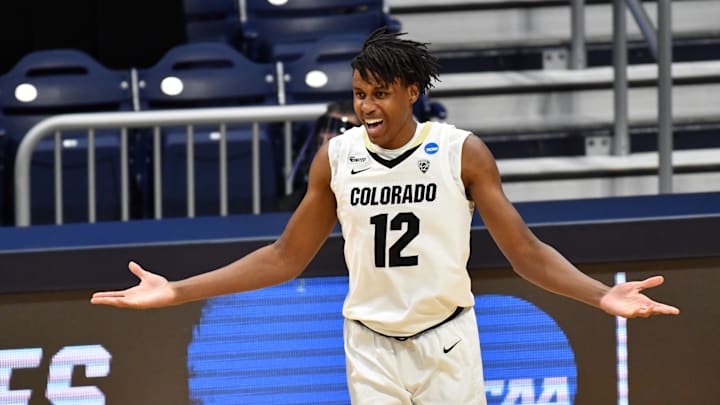 Mar 20, 2021; Indianapolis, Indiana, USA; Colorado Buffaloes forward Jabari Walker (12) celebrates