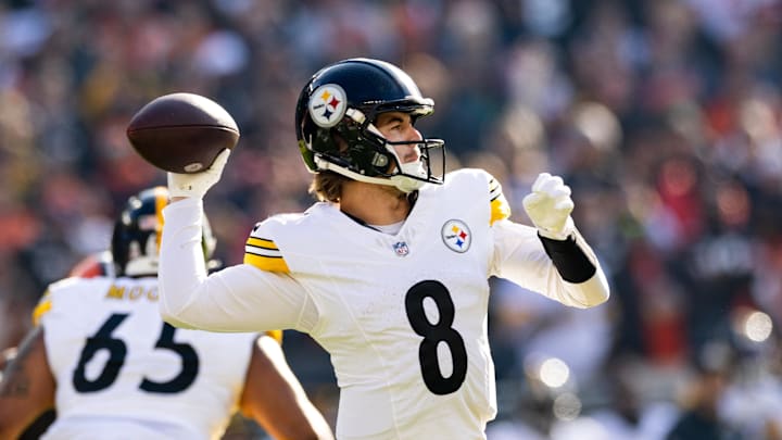 Nov 19, 2023; Cleveland, Ohio, USA; Pittsburgh Steelers quarterback Kenny Pickett (8) throws the