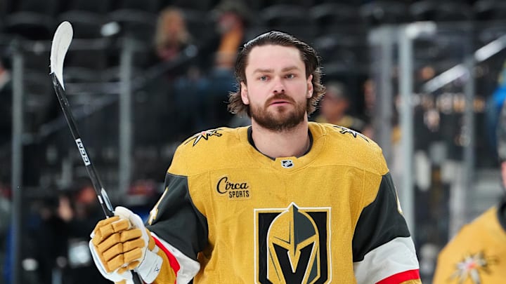 Jan 29, 2026; Las Vegas, Nevada, USA; Vegas Golden Knights defenseman Rasmus Andersson (4) warms up before a game against the Dallas Stars at T-Mobile Arena. Mandatory Credit: Stephen R. Sylvanie-Imagn Images