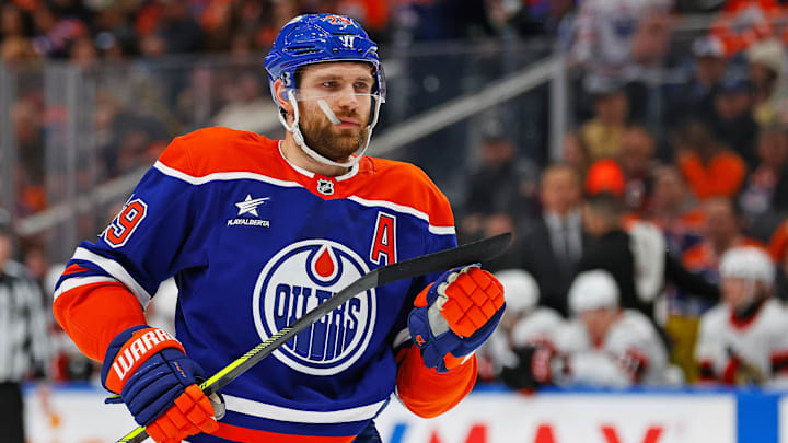 Dec 22, 2024; Edmonton, Alberta, CAN; Edmonton Oilers forward Leon Draisaitl (29) gets ready for a face-off against the Ottawa Senators at Rogers Place. Mandatory Credit: Perry Nelson-Imagn Images
